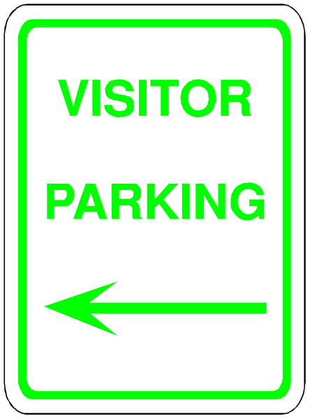 The sign says "visitor parking" with an arrow pointing to a green directional arrow indicating where visitors should park their vehicles.
