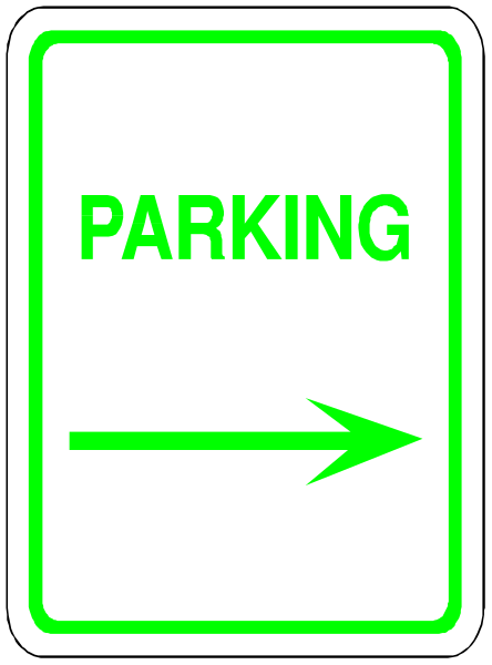 The image shows a sign with "PARKING" written on it pointing to an arrow indicating where parking is allowed.