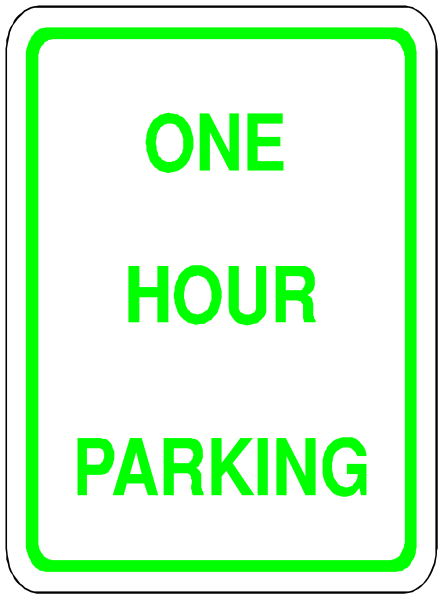 The image shows a rectangular sign with white background that has black text reading "ONE HOUR PARKING" at top in bold letters followed by an arrow pointing to right side of photo where there is another smaller rectangle containing green and red stripes, indicating restricted parking hours or zones; the main focus appears to be on time-limited parking.