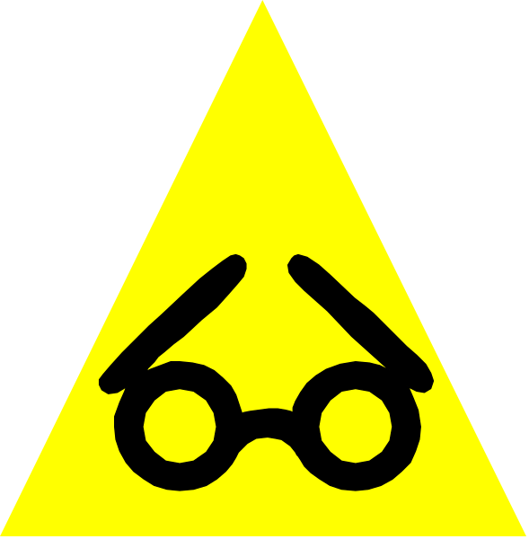 The image shows a yellow caution sign with an icon of glasses on it against two different backgrounds: black for "caution" and white for "warning."