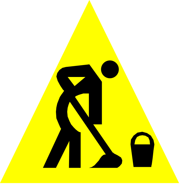 The image shows a yellow hazard sign with an icon of a person shoveling snow next to it on two separate signs; there is also another smaller version in black-and-white at bottom right corner, and no text appears within these images.