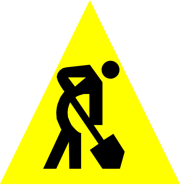 The image shows a yellow hazard sign with an icon of a person shoveling on it to warn about construction work ahead in two different orientations side by side.