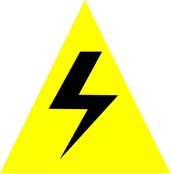 The image shows a yellow warning sign with an exclamation mark inside it on top of two black triangles forming a diamond shape against a white background in one part; another section displays three identical signs placed side by side, and below them is a lightning bolt symbol also colored yellow within the same triangle design.