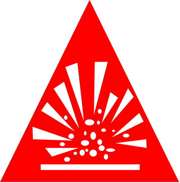 The image shows two triangular warning signs with a red background featuring an explosion symbol inside each triangle against different backdrops: one is black and white while the other has a sunburst pattern in shades of orange, yellow, and brown behind it.