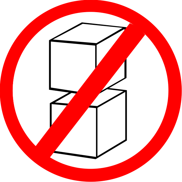 The image shows a red circle with an exclamation mark inside it on top of two stacked boxes that have been crossed out by a diagonal line through them.