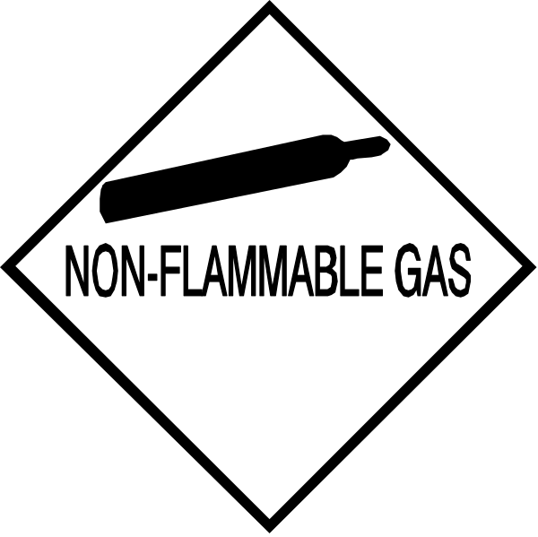 The image shows a black diamond warning sign with white text that reads "NON FLAMMABLE GAS" on top of another smaller square label below it labeled "FLAMEABLE."