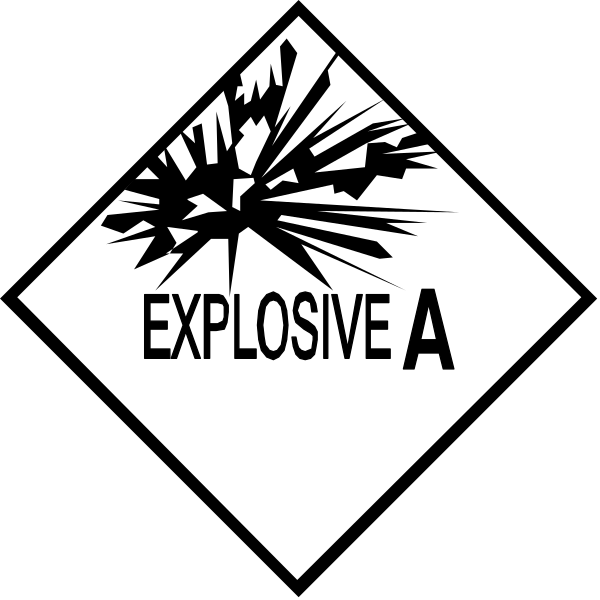 The image shows a black square with two white triangles on it; each triangle contains text: "EXPLOSIVE A" in one corner of the top triangle and an explosion graphic above that word.