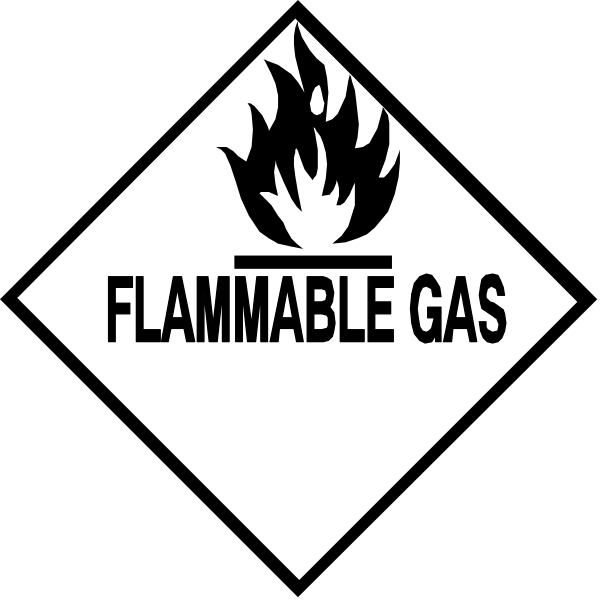 The image shows two hazard signs: a flame symbol with text "FLAMMABLE GAS" beneath it on one side, indicating flammable gas danger; and an exclamation mark inside a diamond shape next to fire symbols atop each other, signifying caution or warning of potential dangers.
