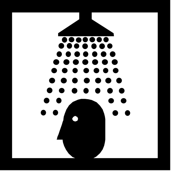 The black and white icon depicts a shower head with water droplets falling from it onto an illustrated human figure's face below.
