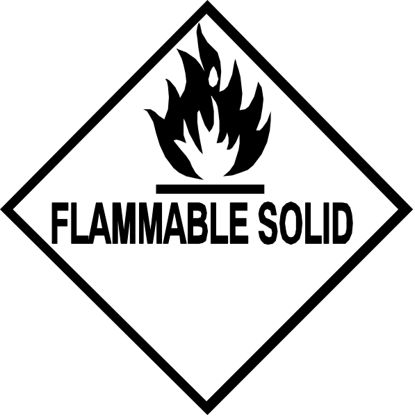 The image shows a black square with two white symbols on it: an icon of fire inside a circle at top left corner and below that is text reading "FLAMMABLE SOLID."