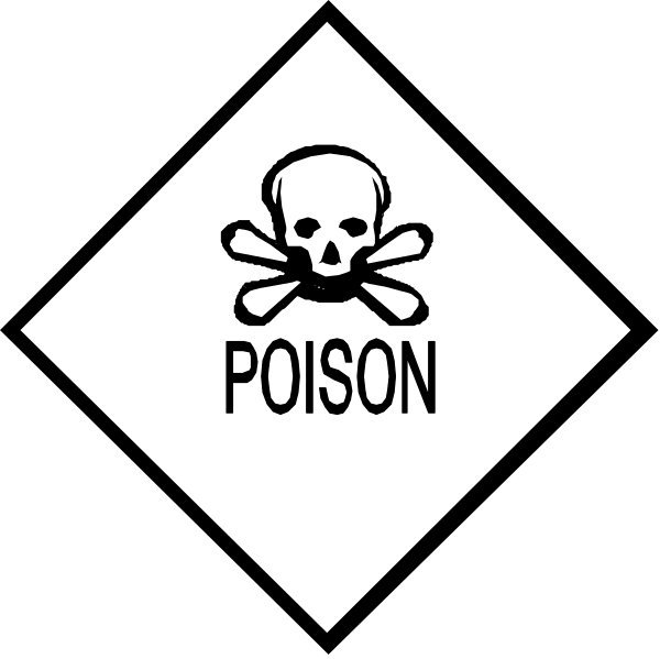 The image shows a black diamond with two white symbols: on top left there is an icon of poison (a skull crossed by bones), indicating danger; below it to its right reads "POISON" in bold, capital letters.