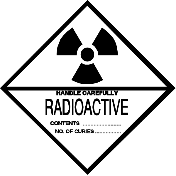 The image shows a black and white warning sign with an atomic symbol at its center inside of a diamond shape on top of another square-shaped background that has text around it reading "RADIOACTIVE."