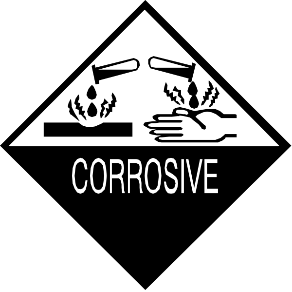 The image shows a black triangle with three smaller triangles inside it; each of these inner triangles contains an icon representing different substances: one for water (a droplet), another for corrosive chemicals, and the third is not clearly identifiable due to its small size in this description.
