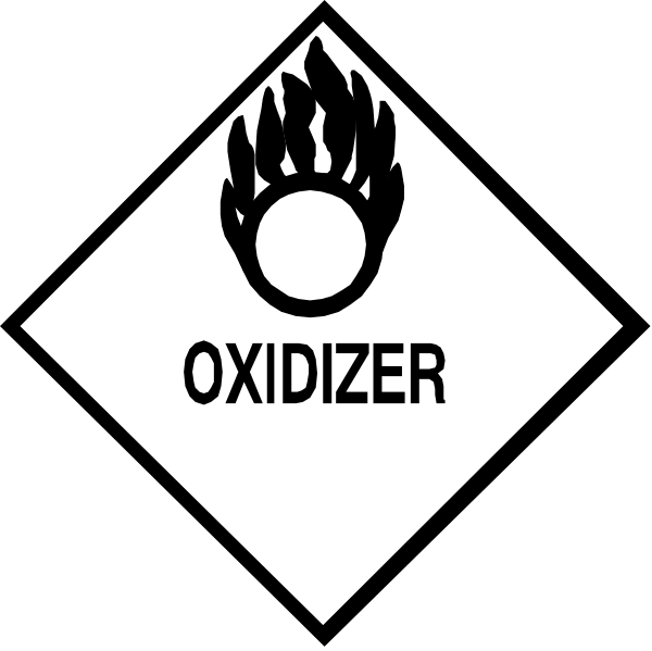 The image shows two black triangles with white text inside them against a dark background. On top triangle it says "OXIDIZER" in bold letters on one side of each symbol; below that is an icon resembling fire, and to its right there's another word which appears as if cut off from the image but seems like 'oxidizer'. The bottom triangle has a similar design with text reading "ODORIZER".