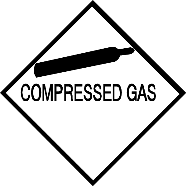 The image shows a black and white sign with two symbols: on top left is an icon of compressed gas canisters; below it reads "COMPRESSED GAS" in bold letters. On bottom right, there's another symbol depicting a cigarette lighter or matchbox being lit by the flame from a candle-like object above it.