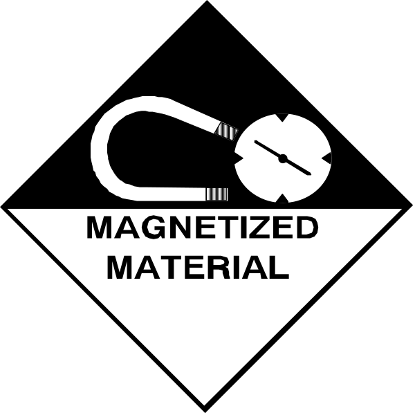 The black and white logo features a magnetized material icon with text that reads "MAGNETIZED MATERIAL" on it, placed next to an image of two magnets in front of each other against a background containing three triangles pointing upwards at different angles from left to right.