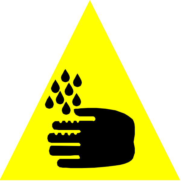 The image shows a hazard symbol with three drops of water falling from an open hand above it, indicating caution for potential spills or leaks related to chemicals that could cause harm if ingested by humans or animals.
