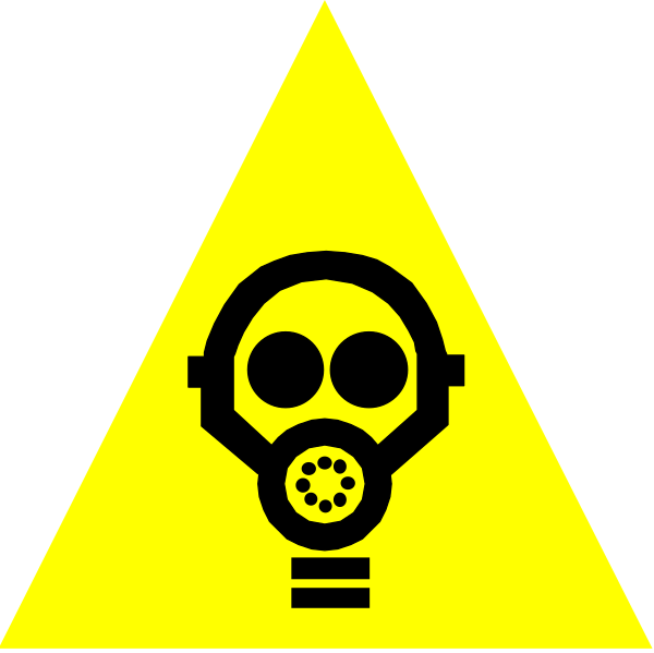 The image displays a trio of hazard symbols: an exclamation mark within a triangle (a universal sign for danger), followed by two gas masks with filters showing chemical structures on them against different backgrounds, suggesting toxicity warnings in various contexts.