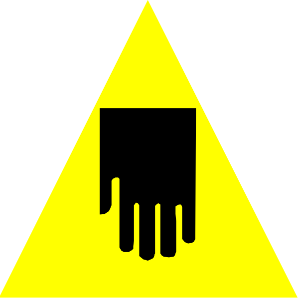 The image shows a yellow hazard sign with an icon of hands inside gloves on it against a black background.