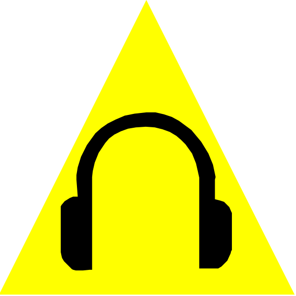 The image shows a yellow triangle with an icon of headphones inside it against three black triangles forming a larger triangle shape in white space on what appears to be a dark background.