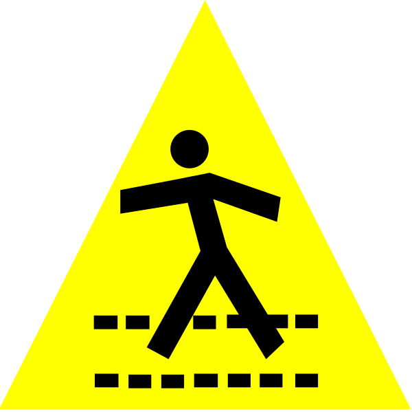 The image shows a yellow hazard sign with black silhouettes of two walking figures on either side, indicating caution for pedestrians crossing an area where there might be potential danger ahead; it is set against a white background and has no additional context provided within this clip-art style representation.