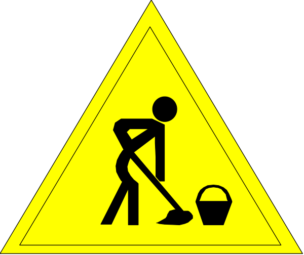 The image shows a yellow caution sign with black silhouettes of two figures: on top is an upright figure holding what appears to be shovels in both hands; below it is another figure bent over as if picking up something, possibly dirt or debris from ground level using one hand and placing the contents into a bucket. The background behind these signs has no distinct features that can provide additional context about setting or environment.