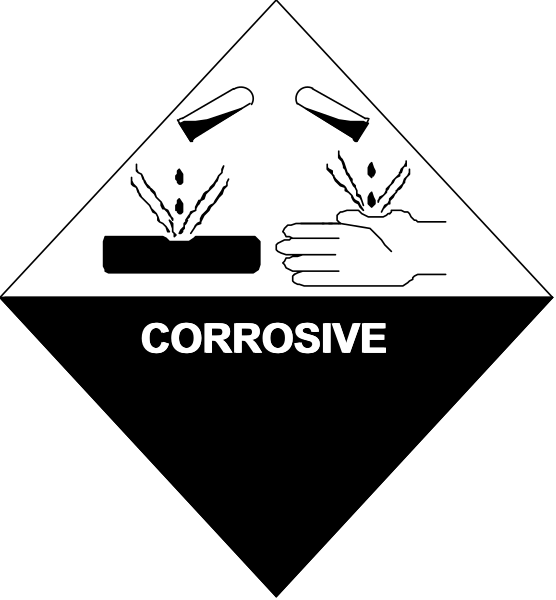 The image shows a black background with white text that reads "CORROSIVE" at its center.