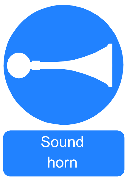 The image shows a blue sign with white text that reads "SOUND HORN" on it next to an icon of two horns blowing in unison.