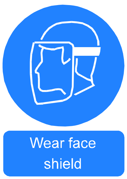The image shows a blue circular icon with an illustration of a person's face wearing a shield mask on it. Below this graphic is text that reads "WEAR FACE SHIELD."