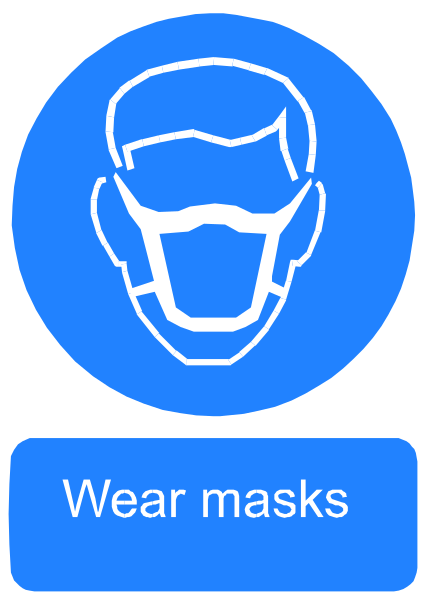 The image shows a blue circular icon with an illustration of a masked face inside it on top left corner against white background. Below this graphic is text that reads "wear masks".