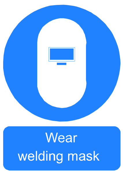 The image shows a blue circular sign with white text that reads "Wear WELDING MASK."