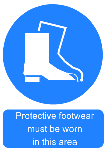 The picture shows a blue sign with white text that reads "Protective footwear must be worn" on it.
