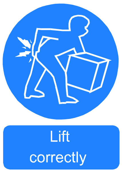 The image shows a blue circle with an icon of a person lifting boxes on their back while carrying them to correct lift posture.