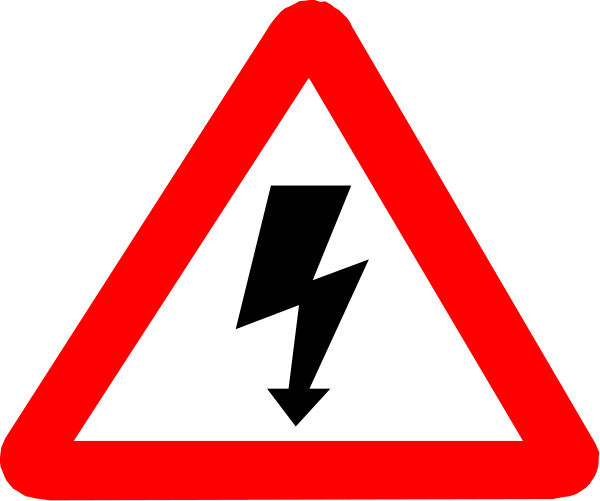 The image shows a red triangle sign with an exclamation mark inside it on top of another similar triangular sign that has lightning bolts around its border below two other signs pointing upwards to indicate power outages, all set against a white background.