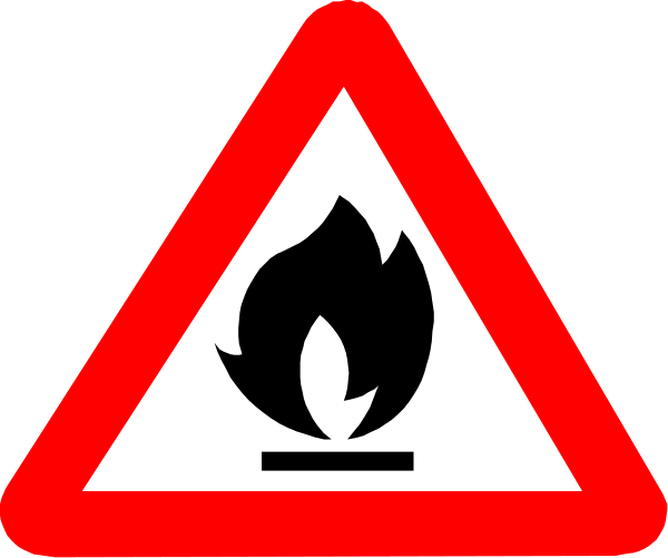 The image shows a red triangle sign with an icon of fire inside it on top left corner against white background; below that is another smaller triangular warning sign in black color depicting flames at bottom right corner, indicating danger from fires and smoke.