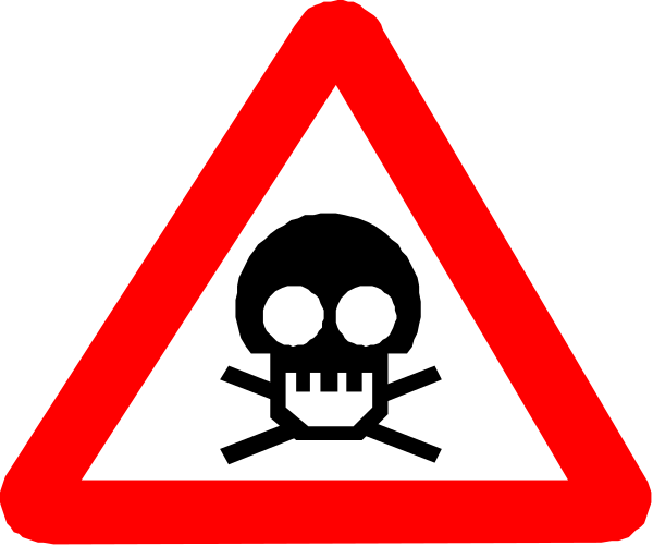 The image shows a red triangle sign with an icon of a skull inside it on top left corner against white background; below this is another smaller triangular warning symbol indicating danger in black coloring within a square frame, also set against a plain gray backdrop.