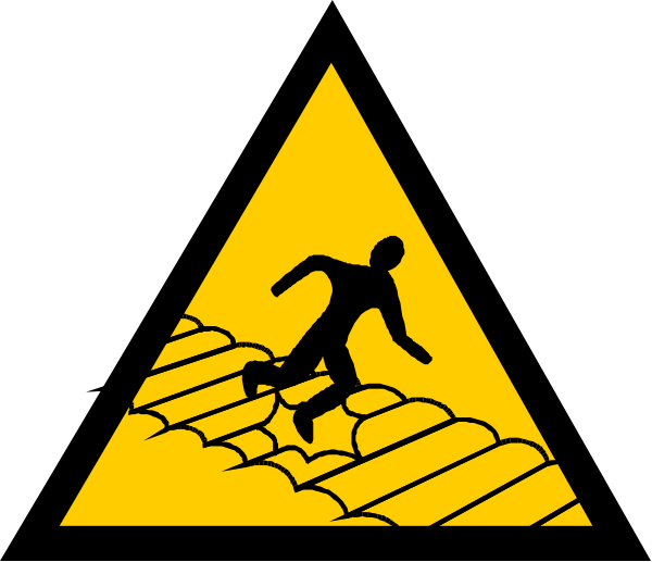 The image shows a yellow hazard sign with an illustration of someone falling down stairs next to it on what appears to be a black background.