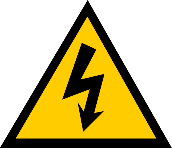 The image shows a yellow hazard sign with an exclamation mark inside it on top of which there is a black lightning bolt symbolizing danger due to electricity.