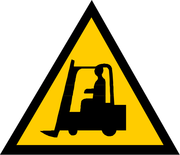 The image shows a warning sign with an icon of a forklift truck on it against a black background.