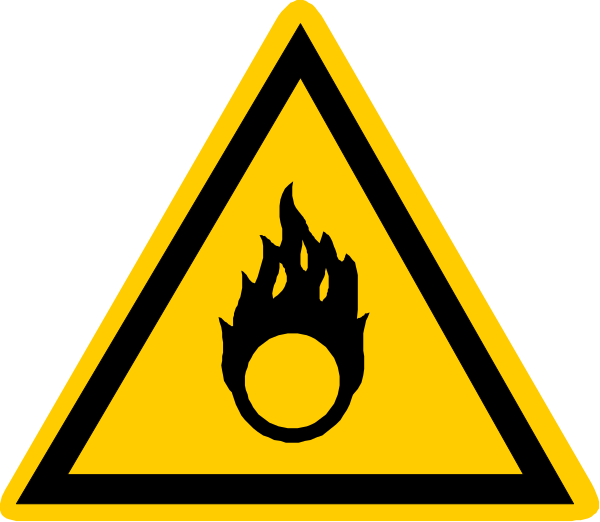 The image shows a hazard sign with an icon of fire inside it next to two other signs: on top is another yellow triangle warning about danger from heat; below that is a black circle containing flames within it, indicating extreme caution due to high temperatures and potential for fires or explosions in the area.