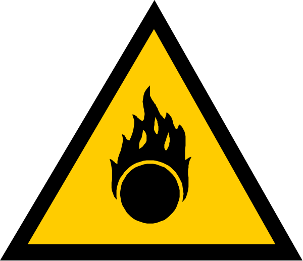 The image shows a warning sign with an exclamation mark inside it on top of what appears to be flames, indicating danger; below this is another symbol resembling fire within two triangles pointing upwards from each other and connected by lines forming a circle around them.