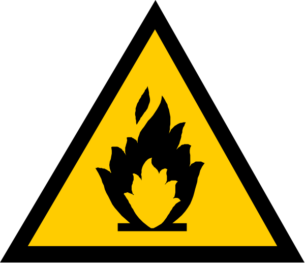 The image displays a hazard sign with an icon of fire inside it on top of what appears to be a flame symbol in black coloring against a yellow background within a square border that has red edges.