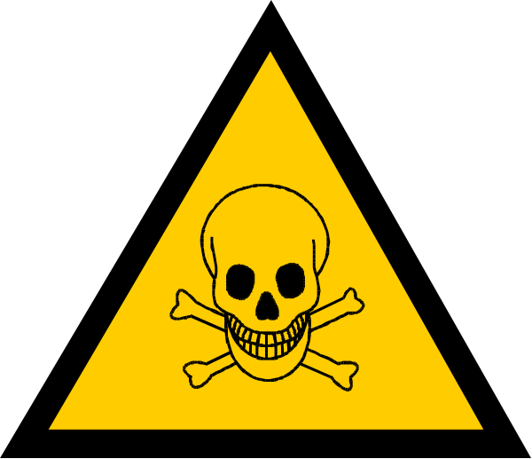 The image shows a black triangle with an exclamation mark inside it on top of a yellow background within another larger square frame that has a white border. Inside this outer rectangle is a skull symbolizing danger in red and black, indicating hazardous material warning or poison signage typically found at the bottoms of bottles containing toxic substances to warn people not to consume them due to their harmful nature.