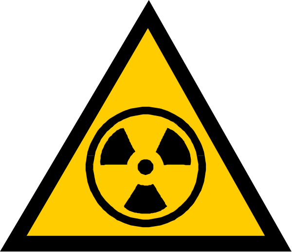 The image shows a hazard sign with an exclamation mark inside it on top of what appears to be radioactive material symbolized by three curved lines forming a triangle around two circles containing dots within them, all set against a black background.