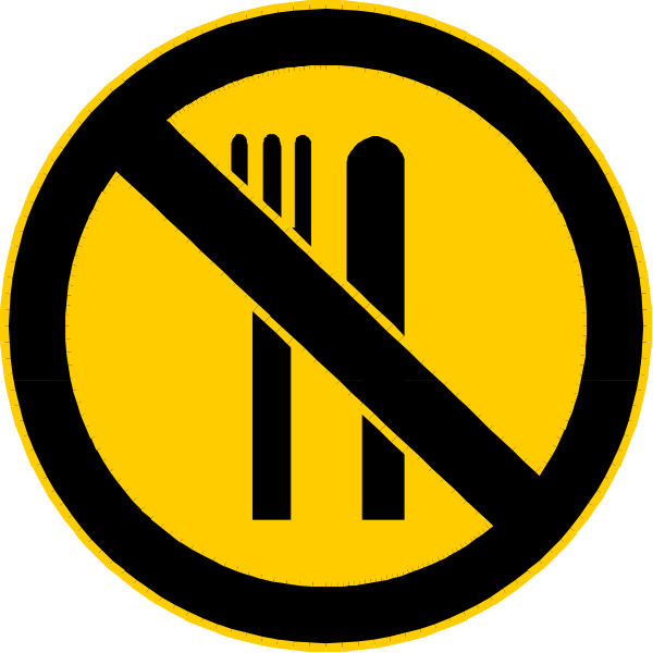 The image shows two no entry signs with a crossed out spoon symbol on them against an unidentified background.