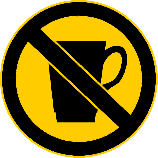 The image shows a black circle with three signs: on top left there's an icon of a cup crossed out by a diagonal line; in center right is another sign that says "no coffee cups" accompanied by two images, one showing a mug and the other depicting a hand holding it.
