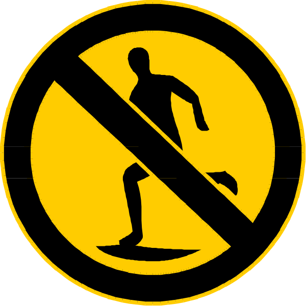The image shows a black silhouette of an individual on skis with crossed out legs inside two yellow circular signs against a white background; there is also text that reads "NO SURFING" in bold, capital letters at the bottom center and right side respectively.