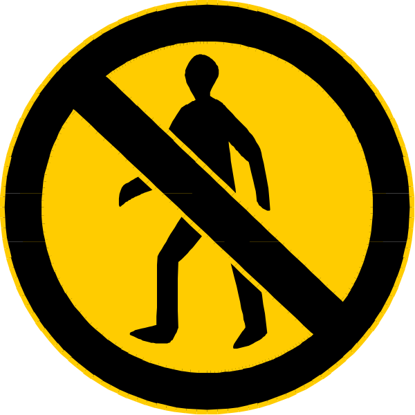 The image shows a black silhouette of a person walking on an orange sign with two yellow signs above it that have white text reading "No" in one direction and "Walking Man" in another; there is also a red circle around this figure, indicating prohibition or restriction from the activity depicted.