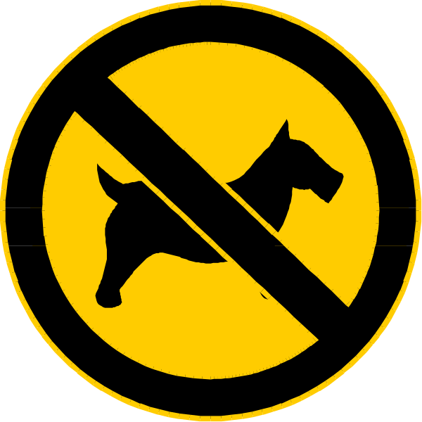 The image shows a black circle with two yellow signs inside it on top of each other; both circles have an exclamation mark in white at their center. Each sign has a red line through its middle indicating prohibition, and there is text within them that reads "NO DOGS ALLOWED" above the dog silhouette symbolizing no dogs allowed. The background behind these signs appears to be black with some indistinct shapes or patterns on it.