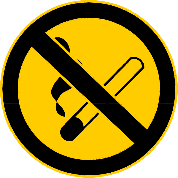 The image shows a black circle with three yellow signs inside it against a white background. Each sign has an icon of something prohibited: one is for smoking (a cigarette), another is for littering (trash can and trash bag), and the third is for vaping or electronic cigarettes, indicated by two e-cigarette devices connected to each other with lines representing smoke or steam.